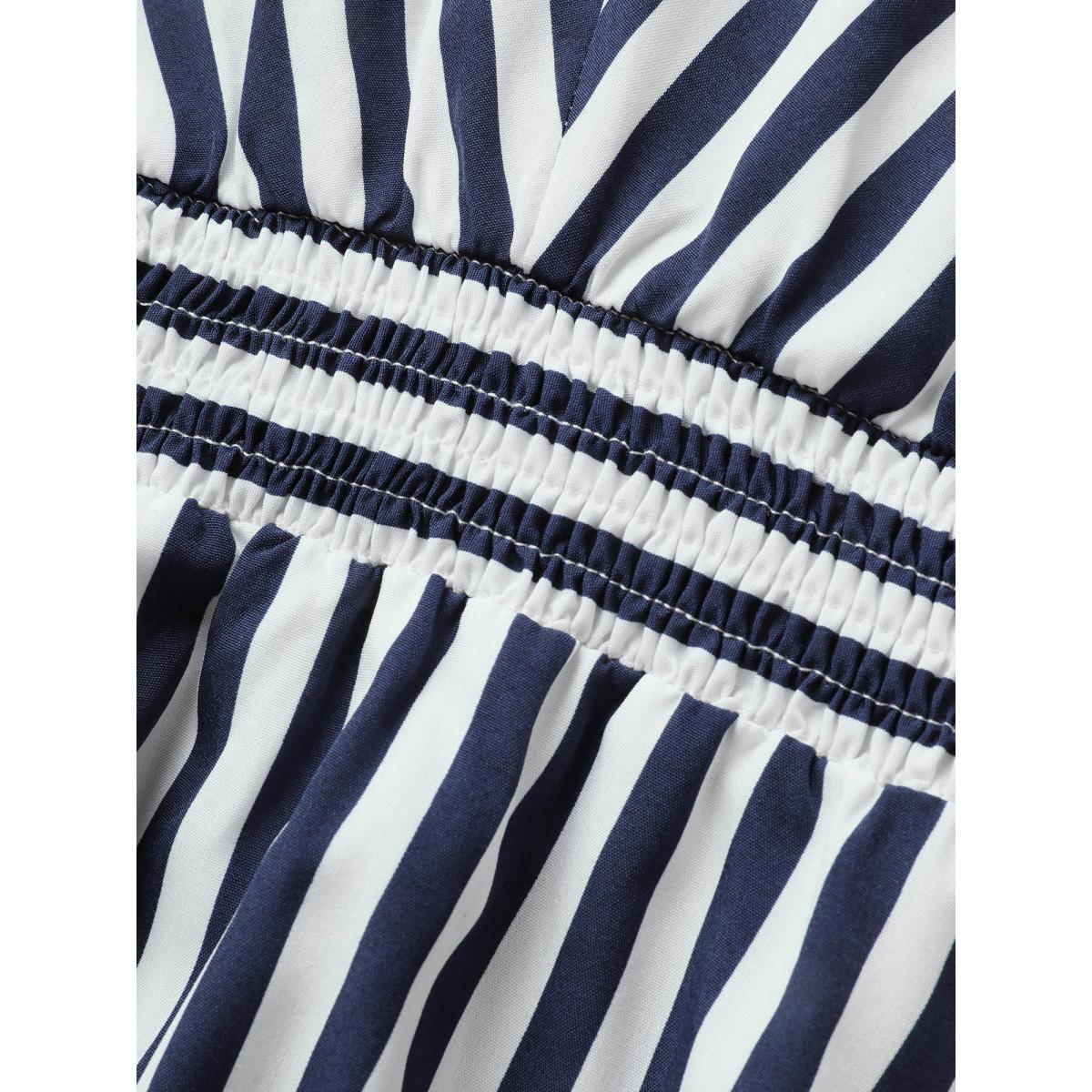 Plus Size Striped Shirred Dolman Sleeve Dress Navy Women At the Office V-neck Cap Sleeve Curvy BloomChic 26/4X Product Image
