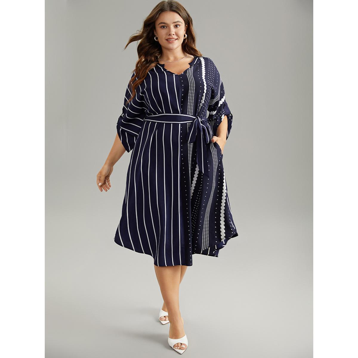 Plus Size Striped Patchwork Polka Dot Belted Notched Dress DarkBlue Women Office Belted Notched collar Elbow-length sleeve Curvy Midi Dress BloomChic 18-20/2X Product Image