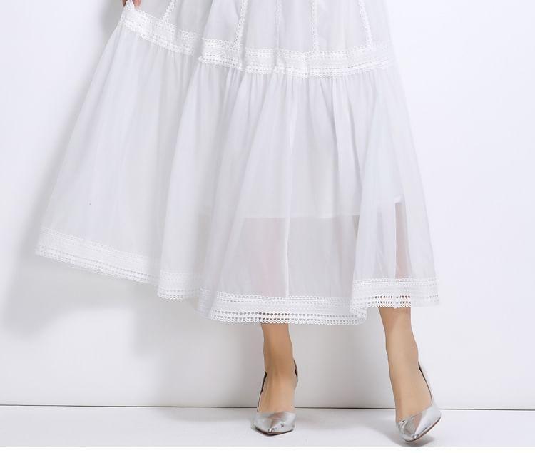 Cinched Sleeve Stand Collar Plain Panel Mesh Maxi A-Line Dress Product Image