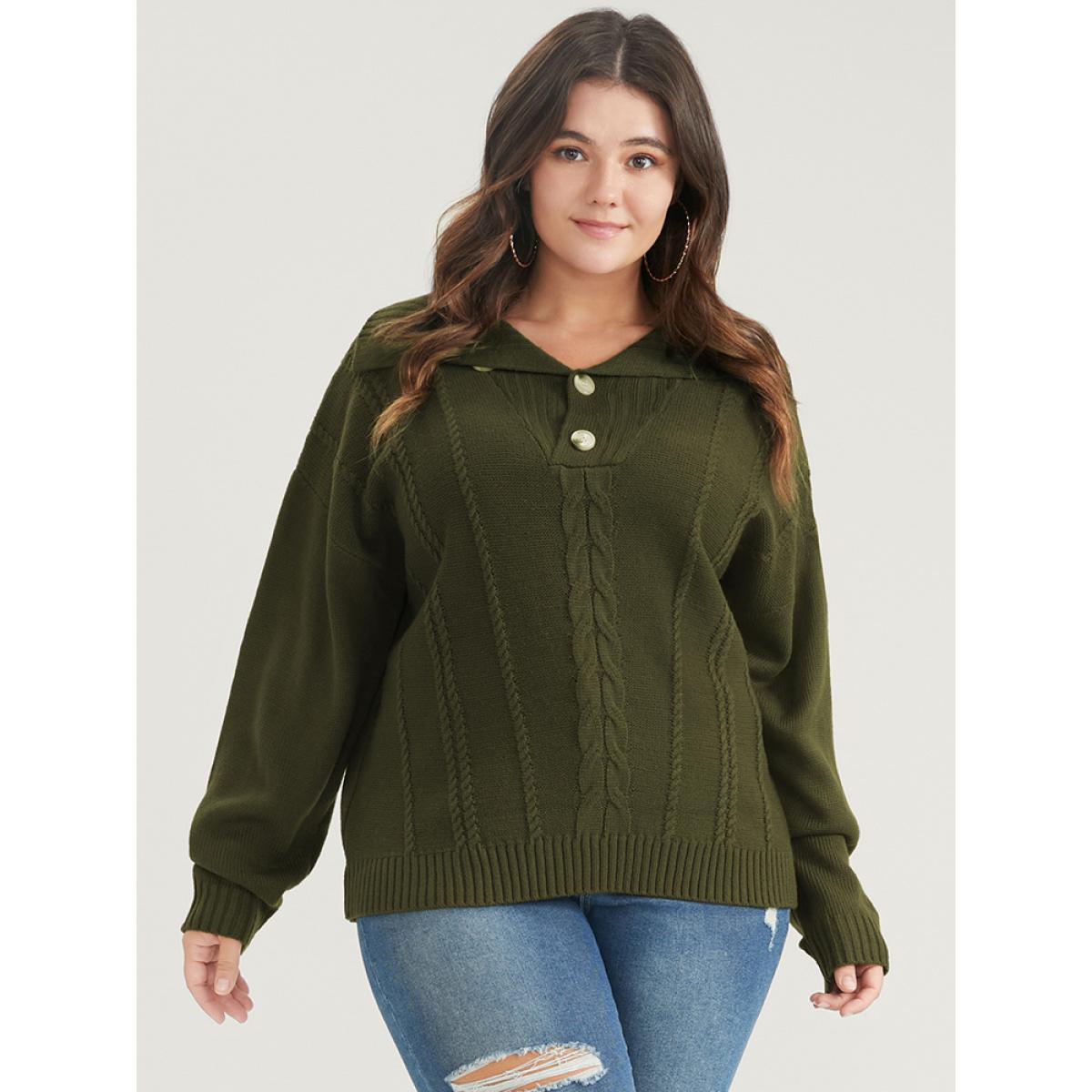 Plus Size Solid Pointelle Knit Button Lapel Collar Cable Knit Top DarkGreen Women Elegant Long Sleeve Lapel Collar Dailywear Pullovers BloomChic 22-24/3X Product Image