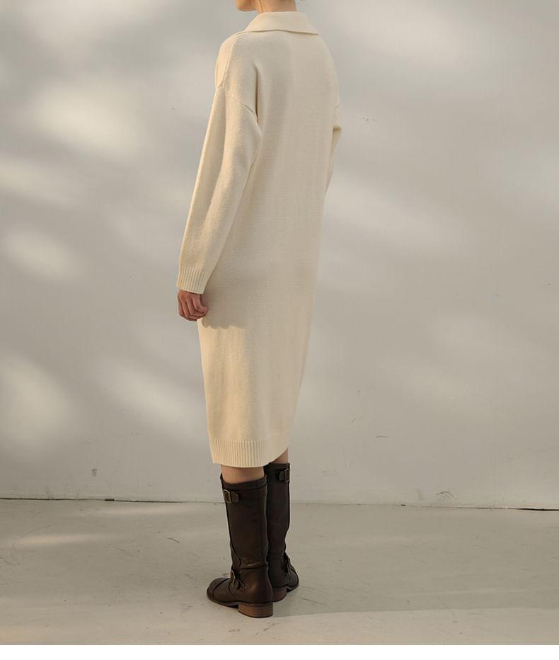 Long Sleeve Collared V-Neck Plain Midi Sweater Dress Product Image