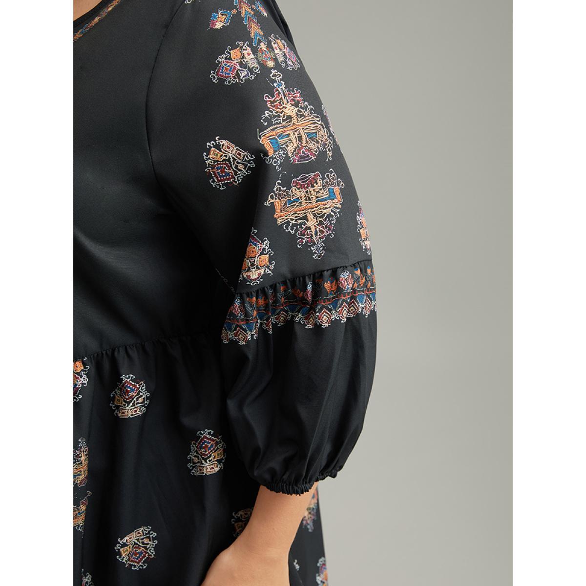 Plus Size Black Boho Print Lantern Sleeve Button Detail Blouse Women Vacation Elbow-length sleeve Round Neck Vacation Blouses BloomChic 12/L Product Image