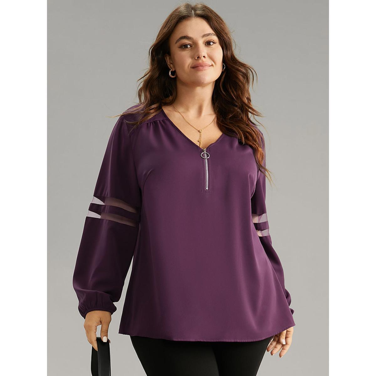 Plus Size Eggplant Static-Free Zipper Fly Mesh Patchwork Blouse Women Office Long Sleeve V-neck Work Blouses BloomChic 28/5X Product Image
