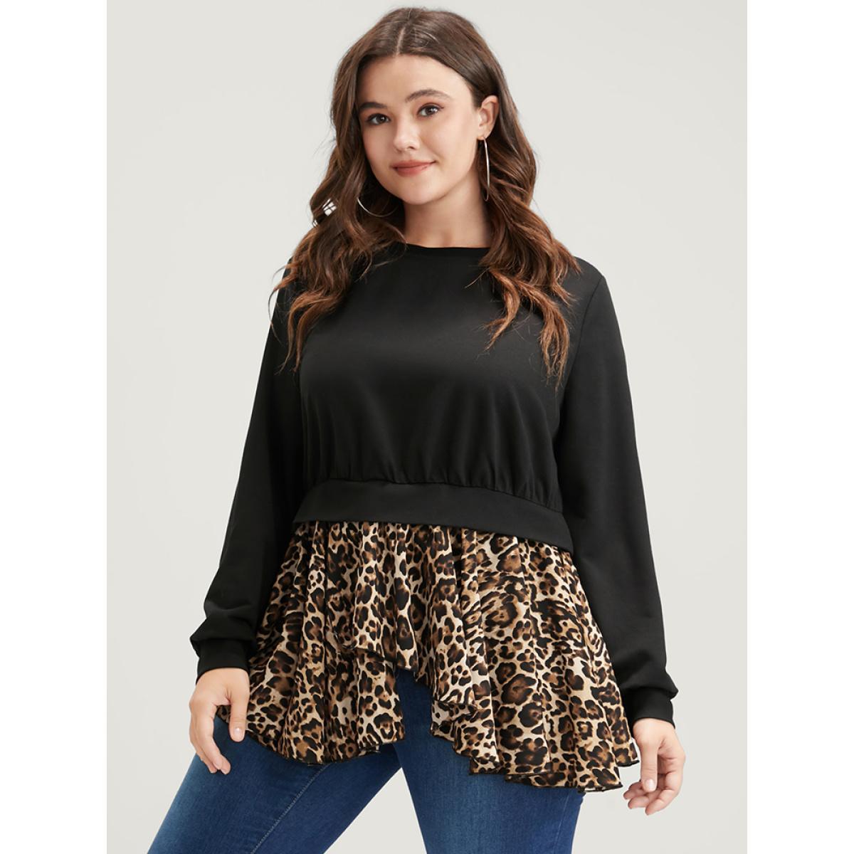 Plus Size Leopard Patchwork Asymmetrical Hem Sweatshirt Women Black Elegant Contrast Round Neck Dailywear Sweatshirts BloomChic 28/5X Product Image