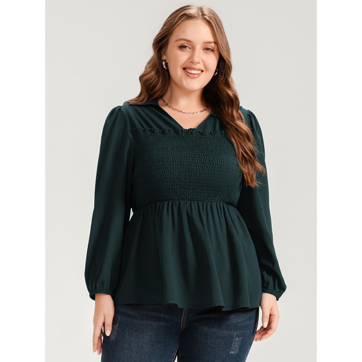 Plus Size DarkGreen Solid Lantern Sleeve Shirred Ruffles Blouse Women Office Long Sleeve Shirt collar Work Blouses BloomChic 22-24/3X Product Image