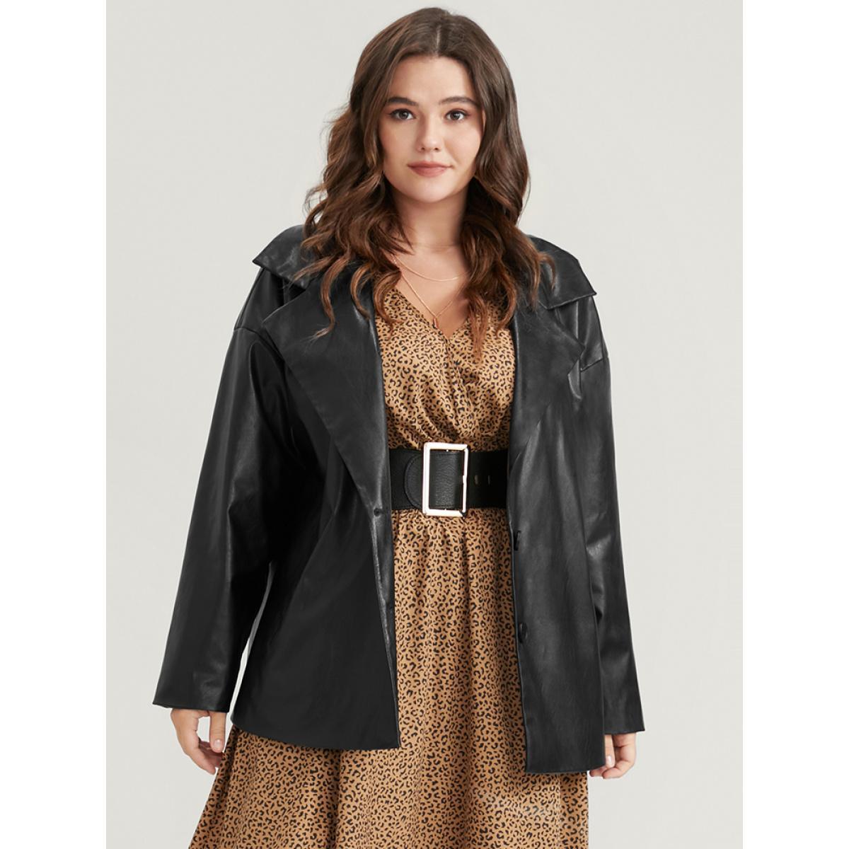 Plus Size PU Leather Pocket Suit Collar Blazer Black Women Going out Plain Sleeve Long Sleeve Suit Collar 18-20/2X Pocket Glamour Blazers BloomChic Product Image