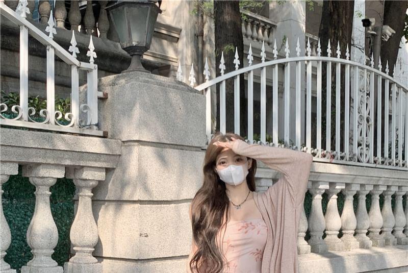 Plain Long Cardigan / Spaghetti Strap Floral Midi Sheath Dress Product Image