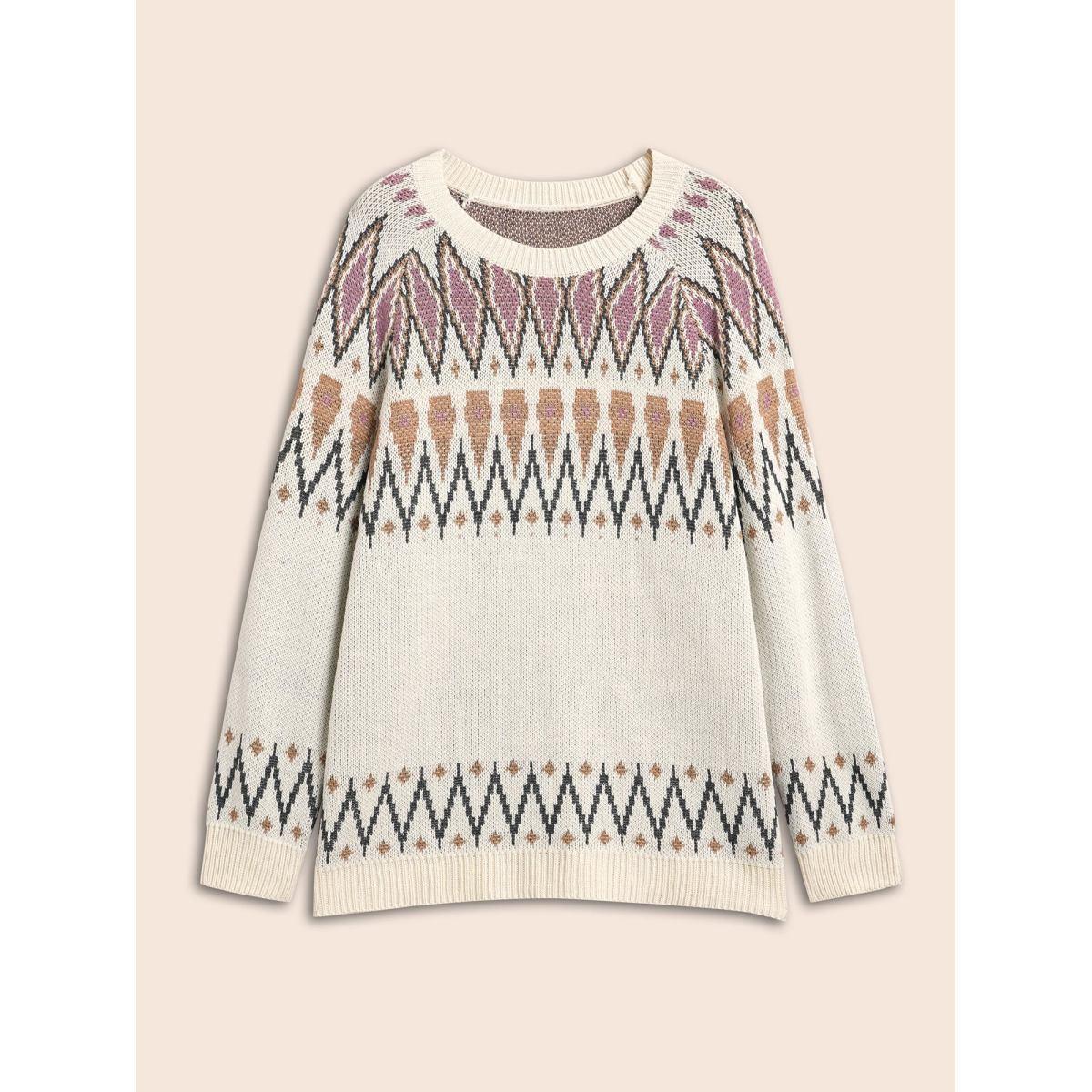 Plus Size Fair Isle Jacquard Crew Neck Pullover Beige Women Casual Long Sleeve Round Neck Everyday Pullovers BloomChic 10/M Product Image