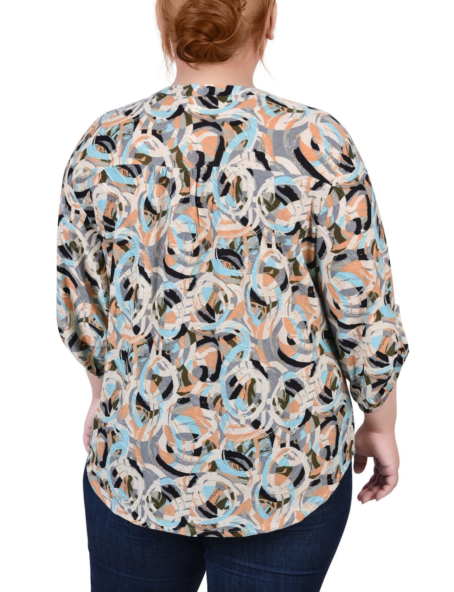 Autumn Blue Abstract 3/4 Roll Tap Pullover Top - Plus Product Image