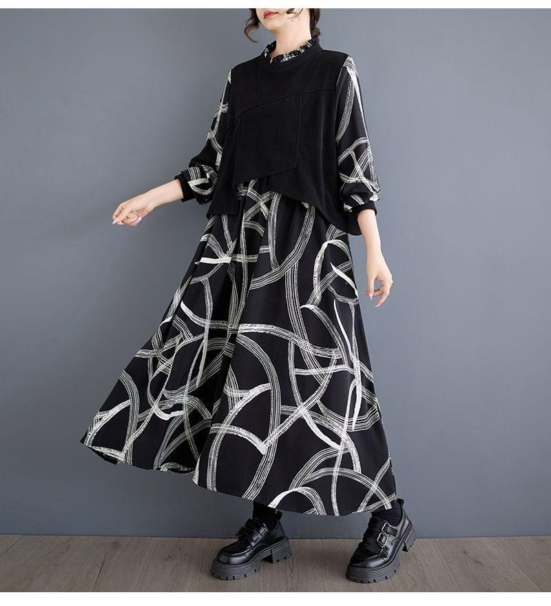 Long-Sleeve Stand Collar Mock Two-Piece Print Frill Trim Midi Tunic Dress Product Image