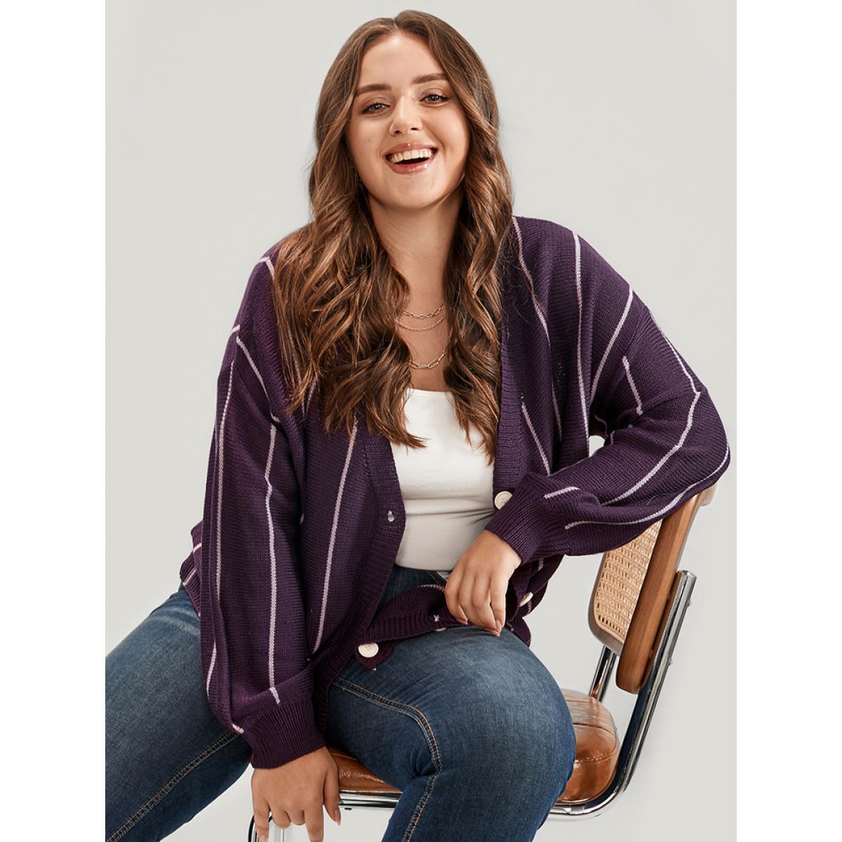 Plus Size Vertical Striped Contrast Pointelle Knit Lantern Sleeve Button Front Cardigan Eggplant Women Casual Loose Long Sleeve Dailywear Cardigans BloomChic 22-24/3X Product Image