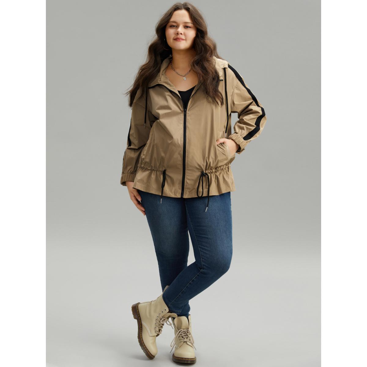 Plus Size Wind-Resistant Contrast Trim Drawstring Jacket Women Tan Elastic cuffs Pocket Dailywear Jackets BloomChic 30/6X Product Image