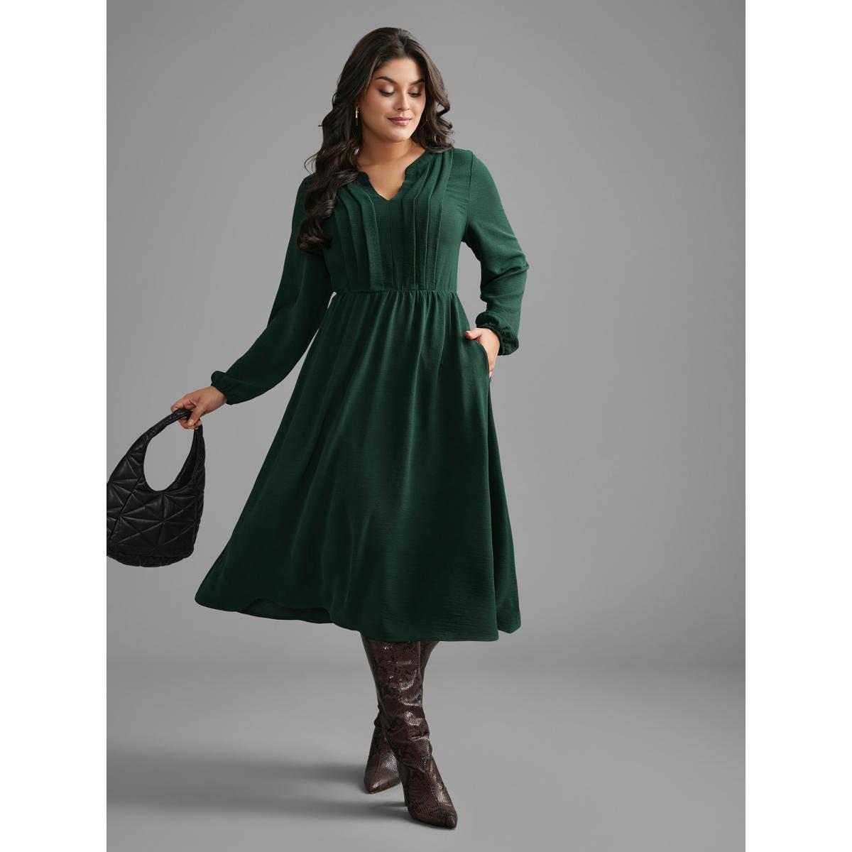 Plus Size Plain Notched Pleated Midi Dress DarkGreen Women At the Office Pleated Flat collar Long Sleeve Curvy BloomChic 28/5X Product Image