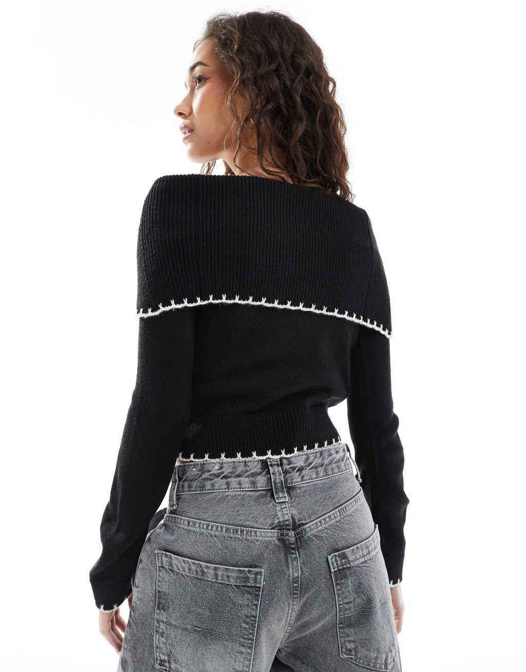 Miss Selfridge blanket stitch bardot knit top in black Product Image