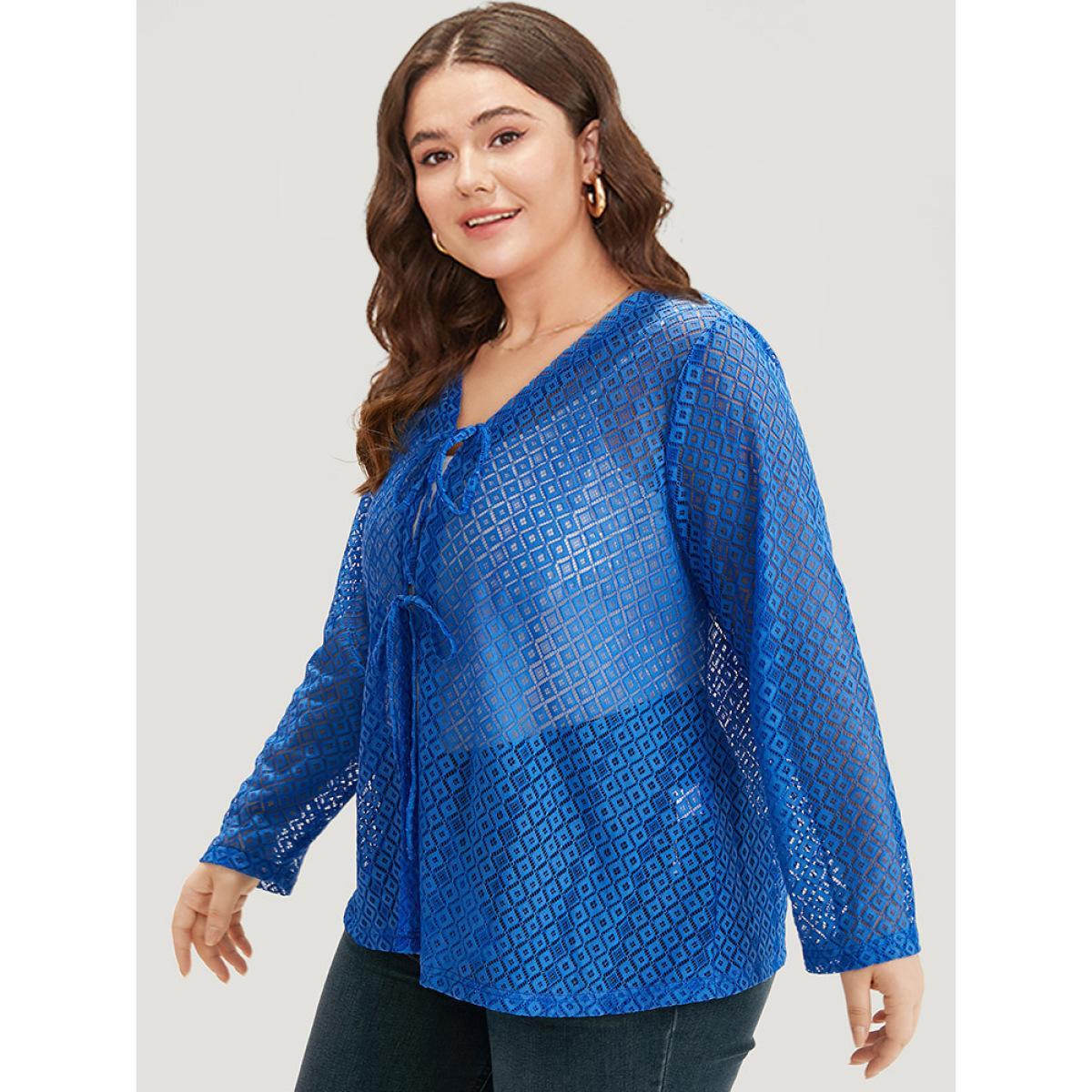 Plus Size Plain Knot Lace Mesh Hollow Out Jacket Women Blue Plain Dailywear Jackets BloomChic 22-24/3X Product Image