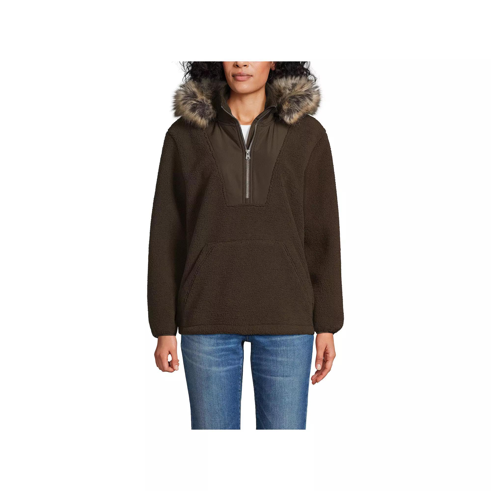 Women's Lands' End Faux Fur Hooded Half Zip Sherpa Fleece Pullover, Size: Small, Deep Brown Product Image