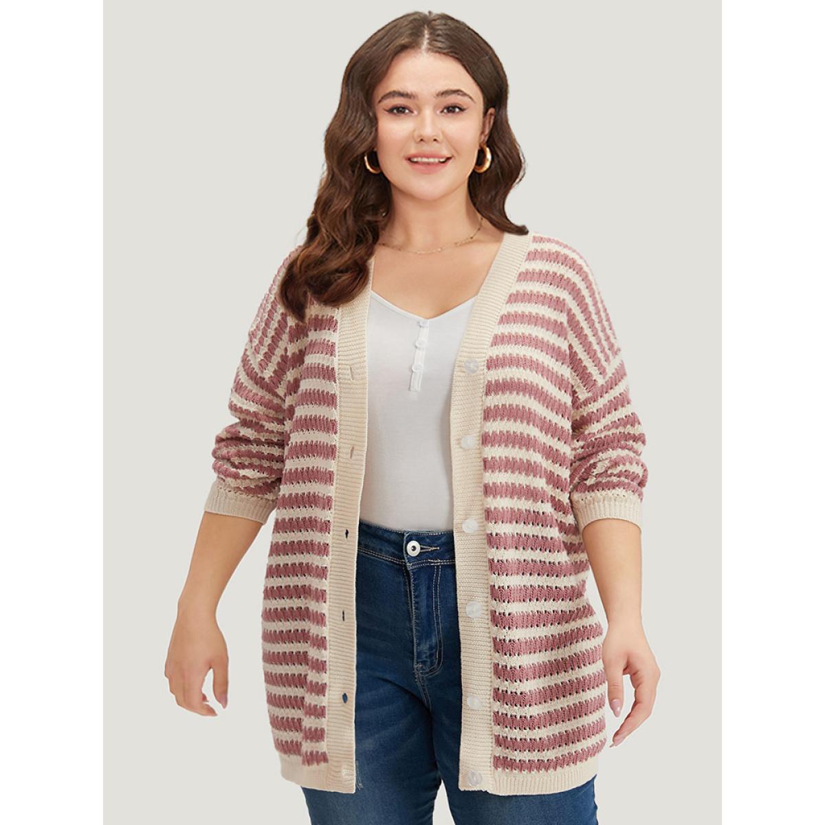 Plus Size Striped Button Through Cut Out Cardigan DustyPink Women Casual Loose Long Sleeve Dailywear Cardigans BloomChic 18-20/2X Product Image