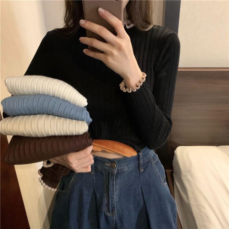 Long-Sleeve Frilled Contrast Trim Slim-Fit Knit Top Product Image