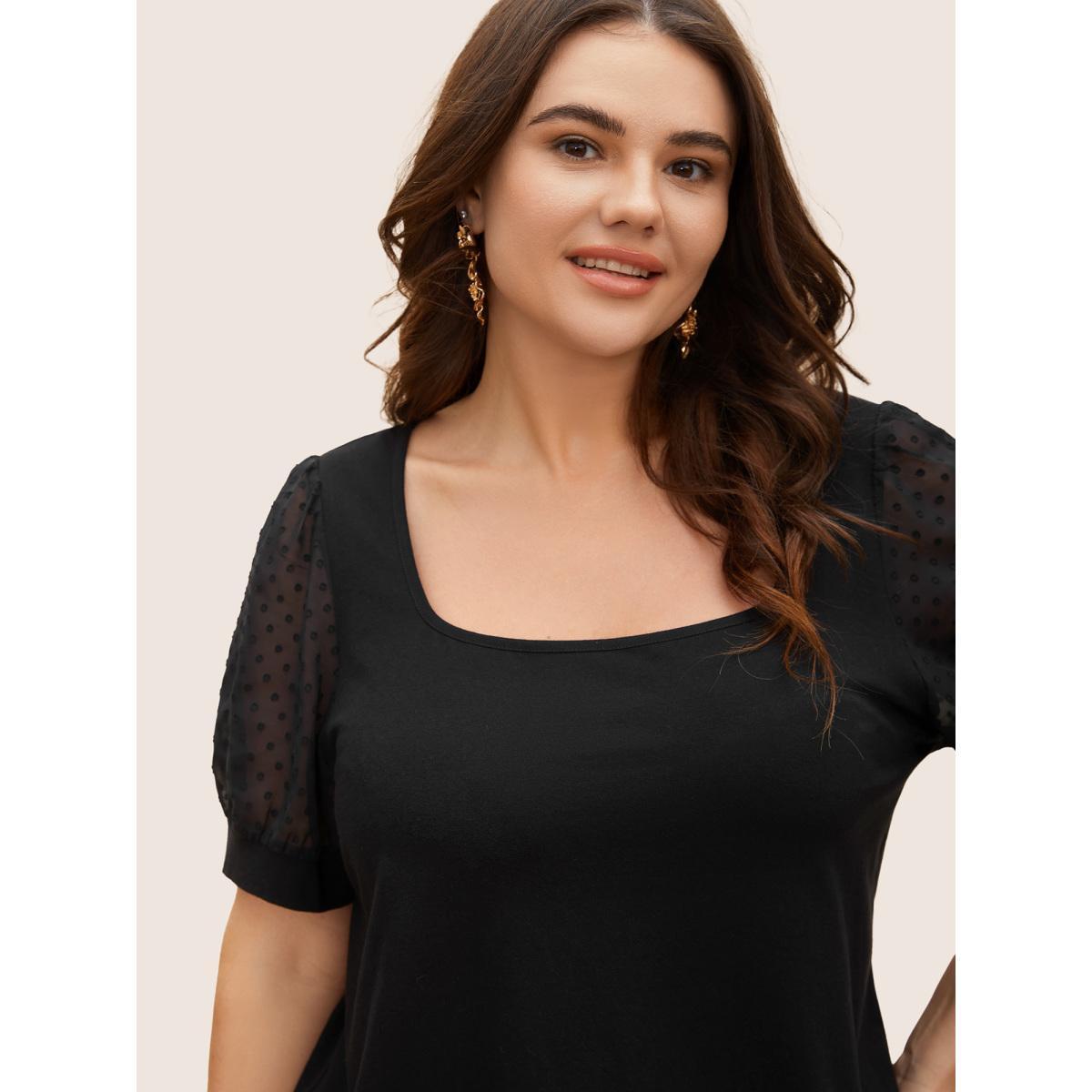 Plus Size Jacquard Decor Cotton Top Black Women Elegant See through Square Neck Everyday T-shirts BloomChic 30/6X Product Image
