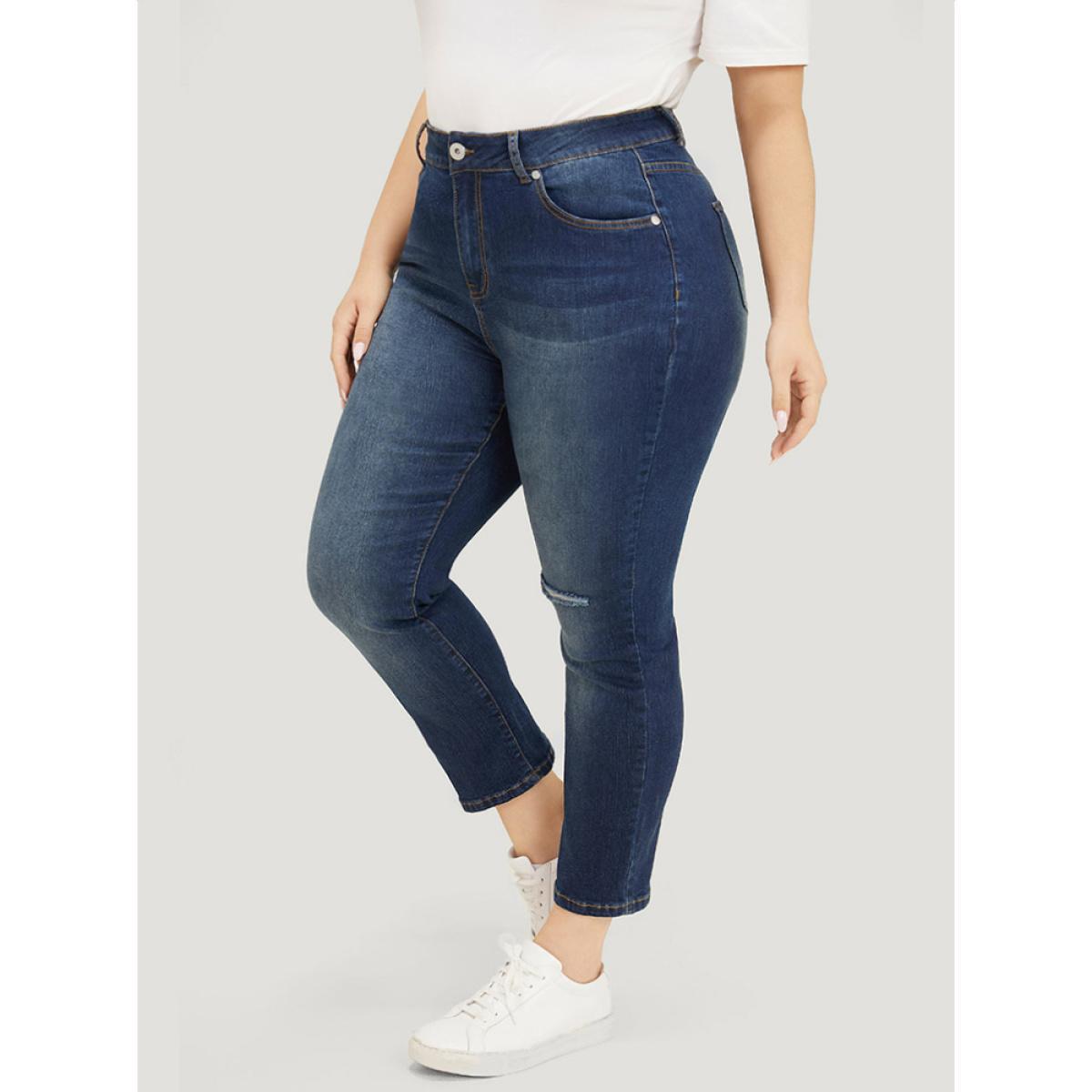 Plus Size Very Stretchy High Rise Dark Wash Cut Out Jeans Women DarkBlue Casual Plain Roll Hem High stretch Slanted pocket Jeans BloomChic 10/M Product Image