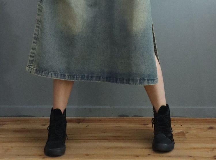Long-Sleeve Patchwork Hooded Washed Denim Midi Smock Dress Product Image