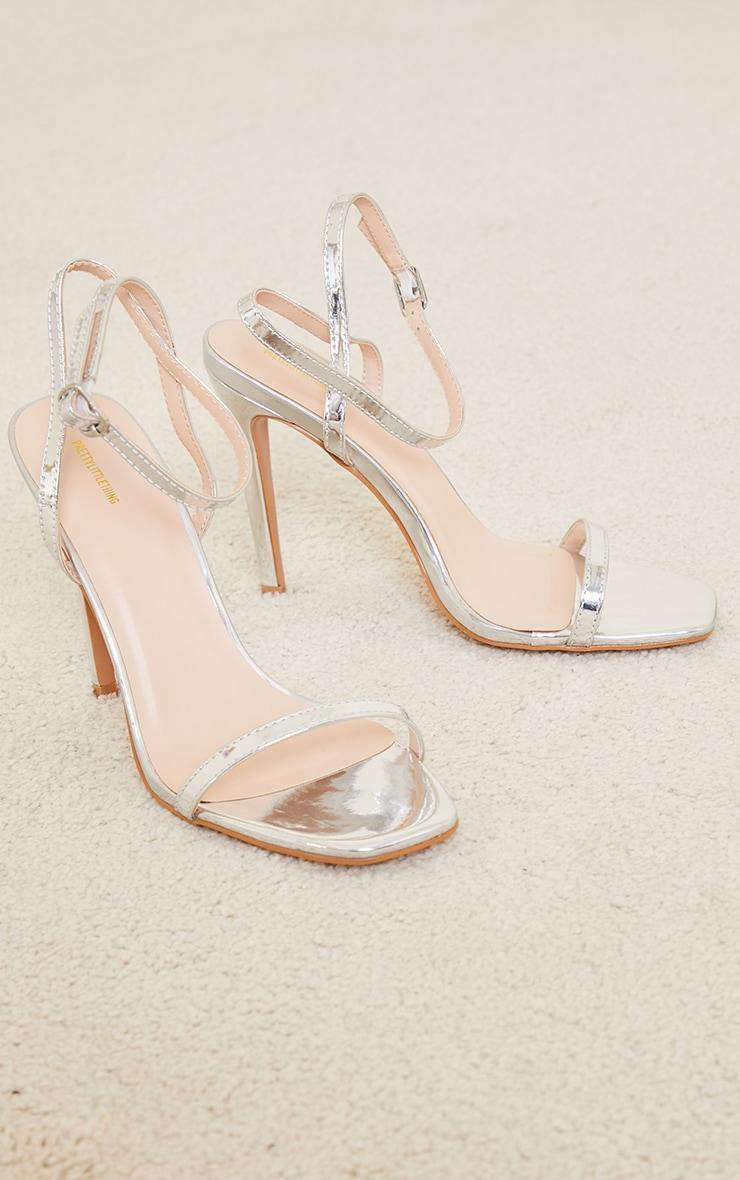 Silver PU Square Toe Barely There Strappy High Heels Product Image