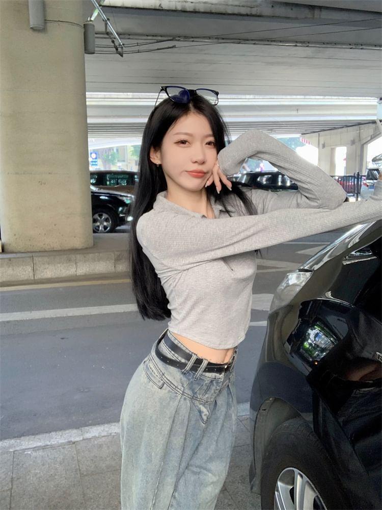 Long-Sleeve Half Zip Lettering Crop Polo Top Product Image