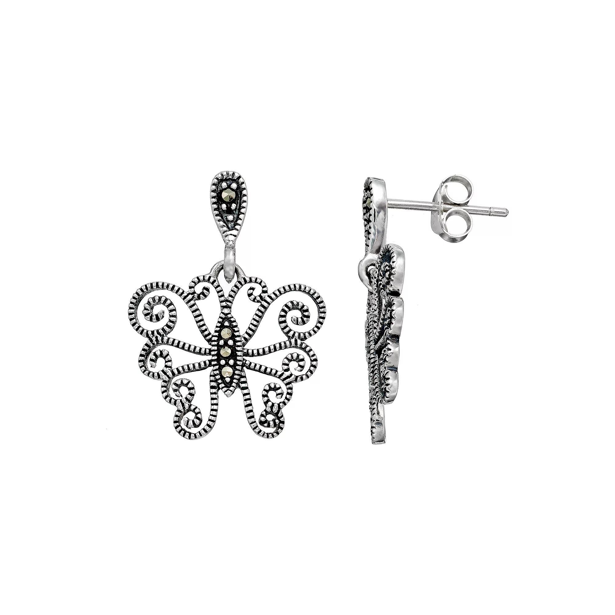 Tori Hill Sterling Silver Marcasite Butterfly Drop Earrings, Women's, Grey Product Image