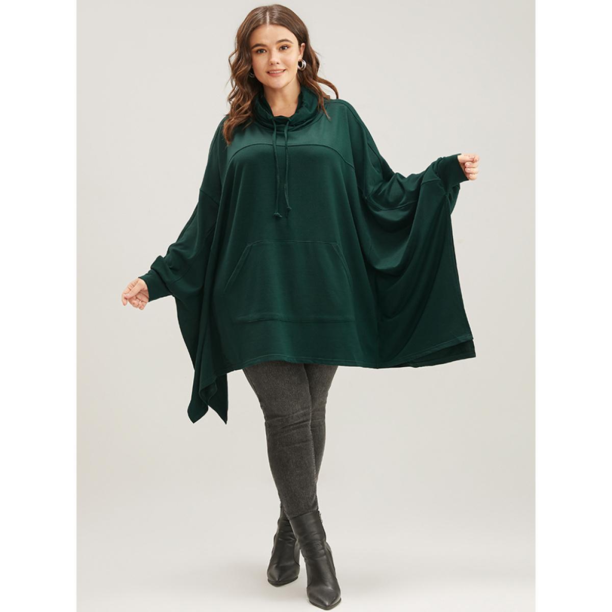 Plus Size Solid Pocket Dolman Sleeve Drawstring Sweatshirt Women DarkGreen Casual Asymmetrical Turtleneck Dailywear Sweatshirts BloomChic 26/4X Product Image