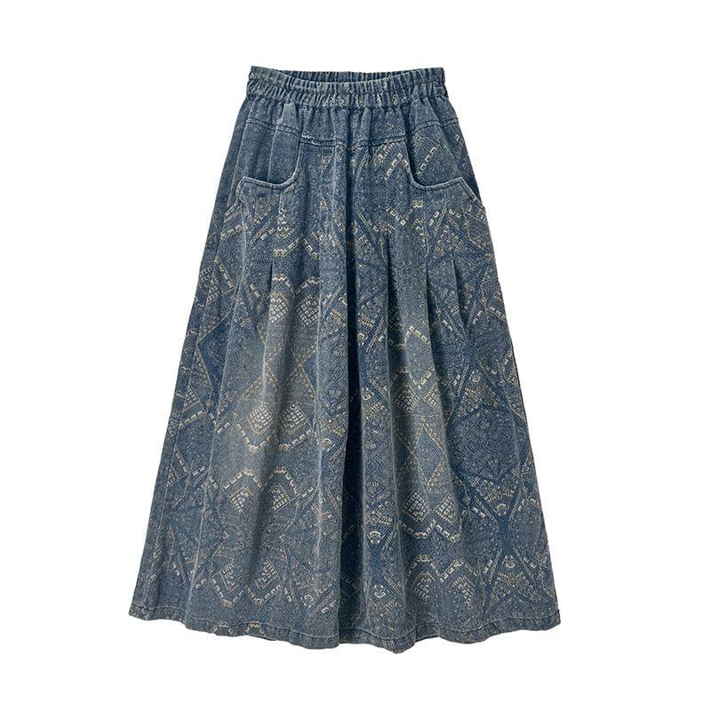 Elastic Waist Patterned Wide Leg Jeans Product Image
