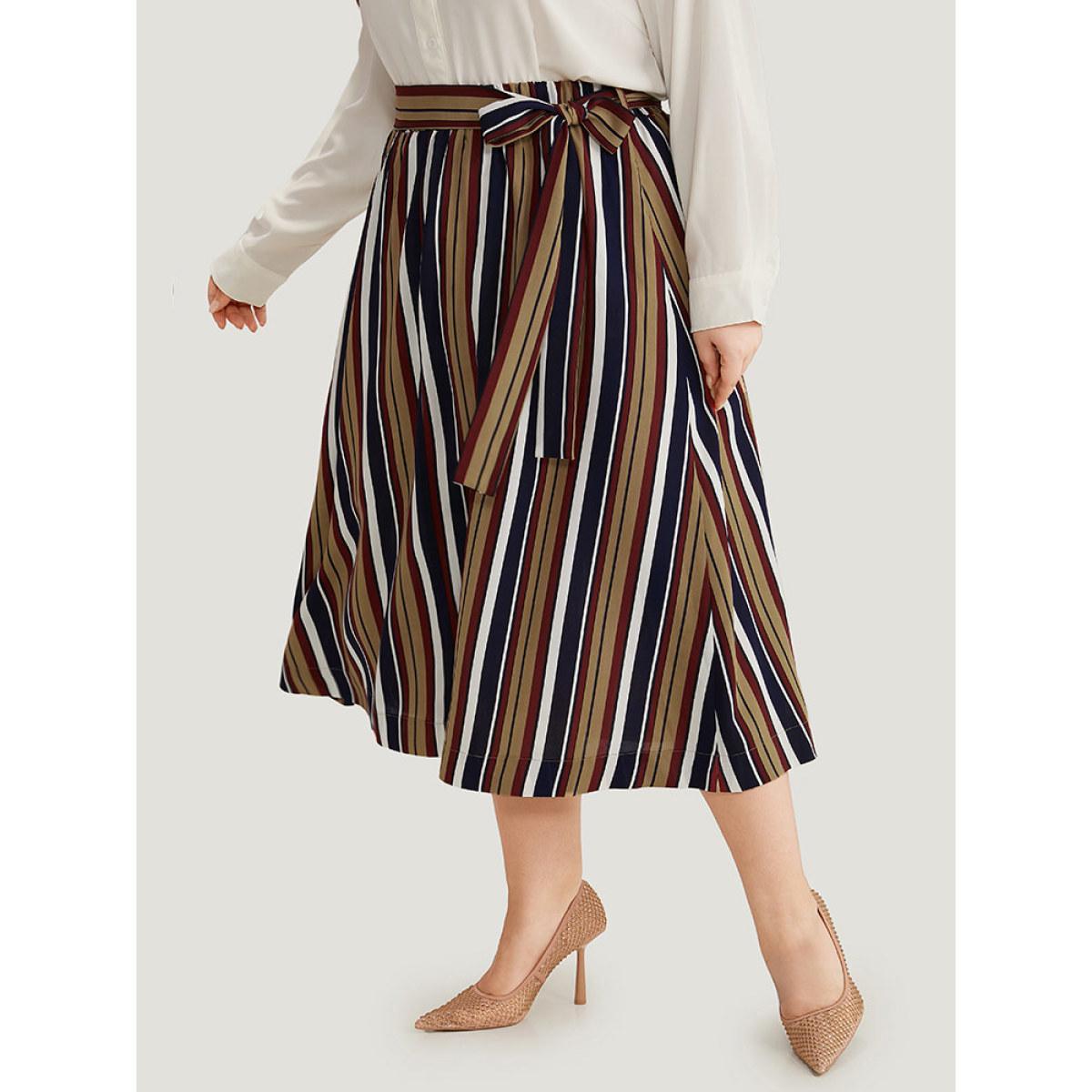 Plus Size Striped Ties Elastic Waist A-line Skirt Women DarkBlue Office A-line Loose No stretch Belt Work Skirts BloomChic 10/M Product Image