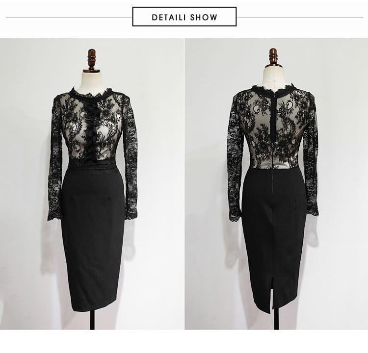 Long Sleeve Round Neck Lace Floral Bodycon Midi Dress Product Image