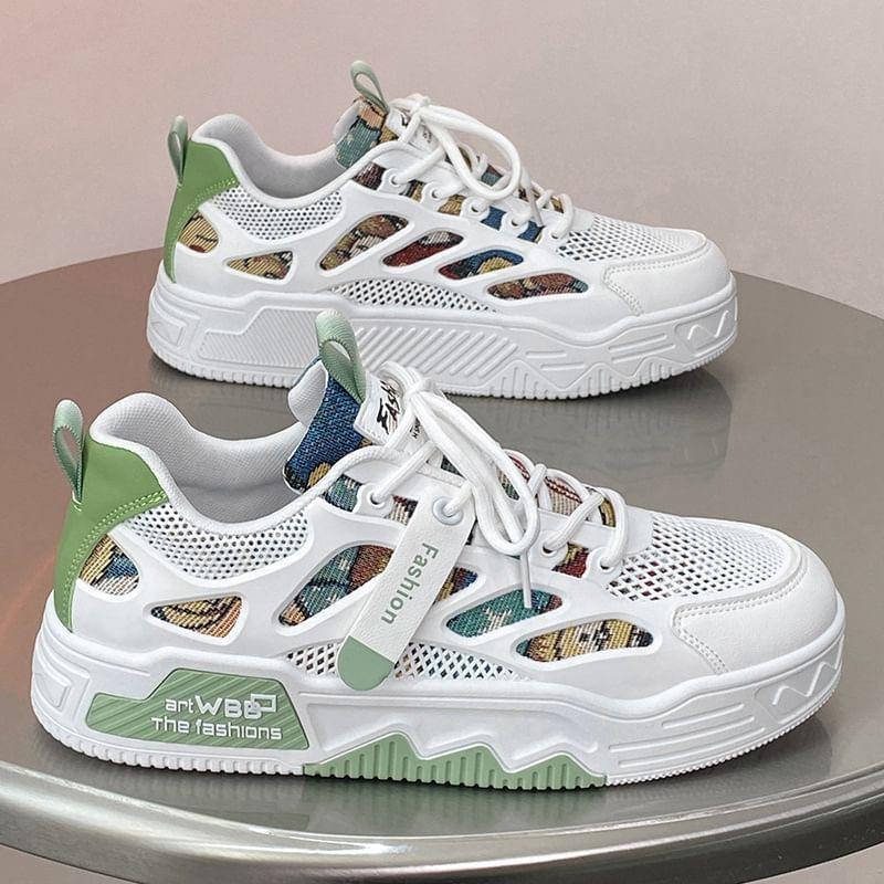 Platform Print Mesh Panel Lace-Up Sneakers Product Image