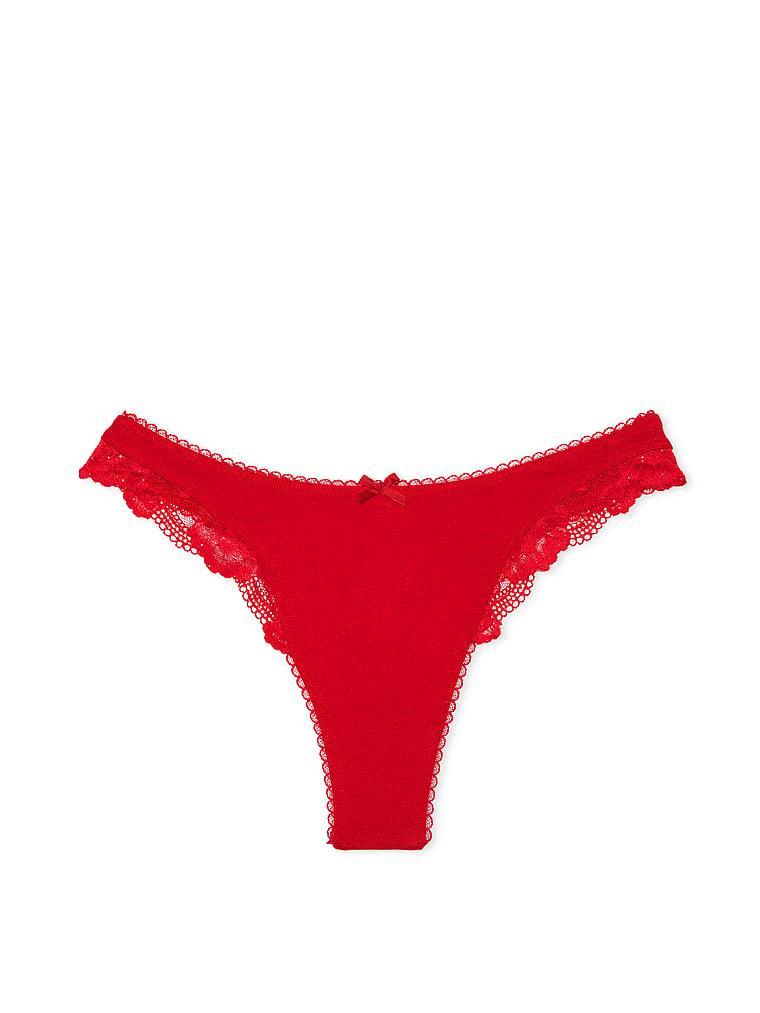 Stretch Cotton Lace-Trim High-Leg Scoop Thong Panty Product Image