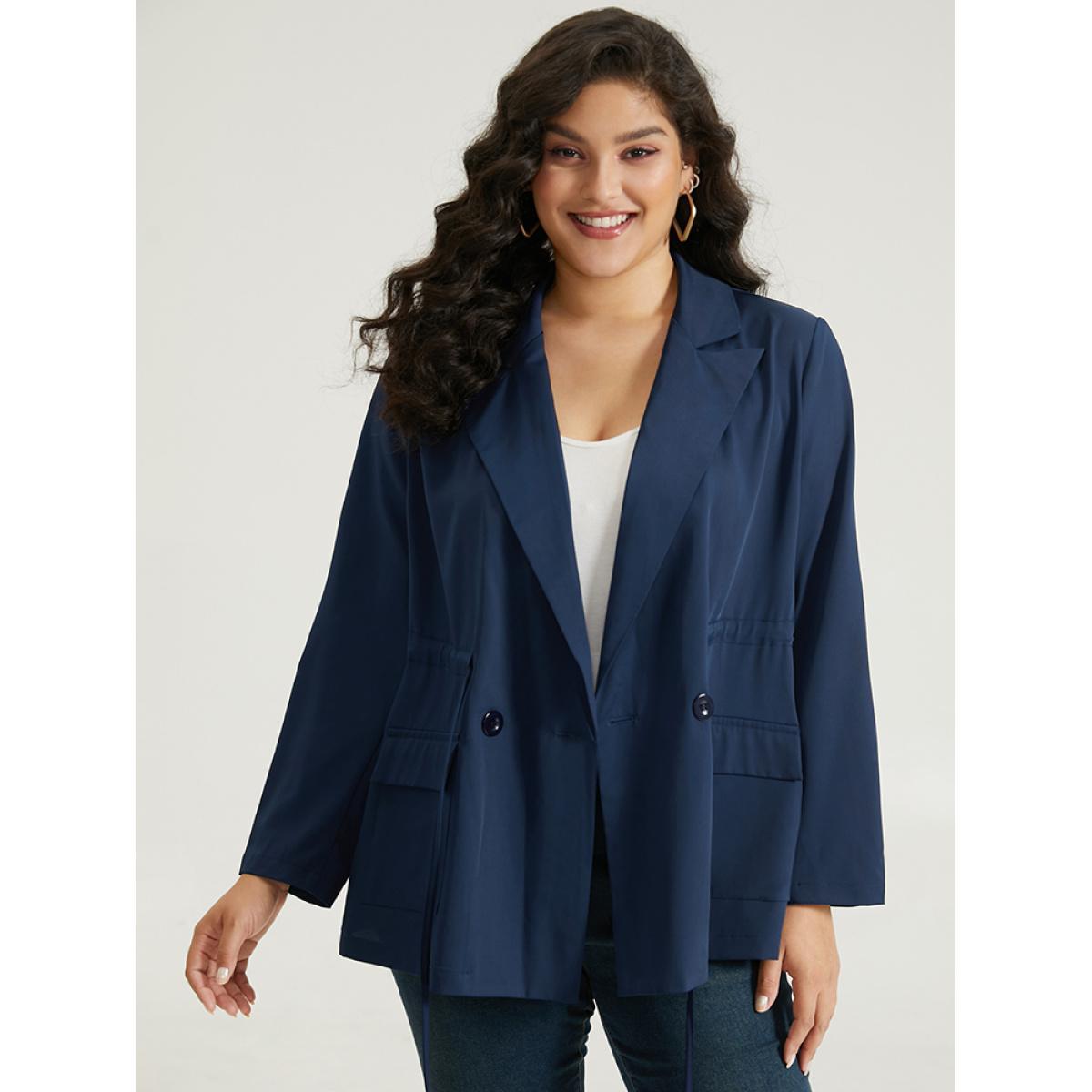 Plus Size Button Up Drawstring Pocket Blazer Indigo Women Work Plain Plain Sleeve Long Sleeve Lapel Collar 26/4X Pocket At the Office Blazers BloomChic Product Image