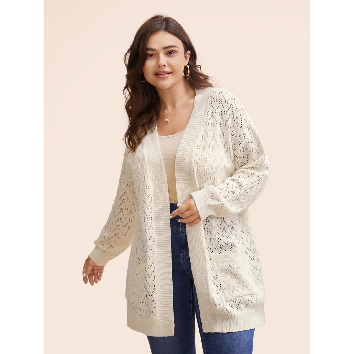 Plus Size Kimono Collar Patch Pocket Pointelle Knit Cardigan Beige Women Casual Loose Long Sleeve Everyday Cardigans BloomChic 22-24/3X Product Image
