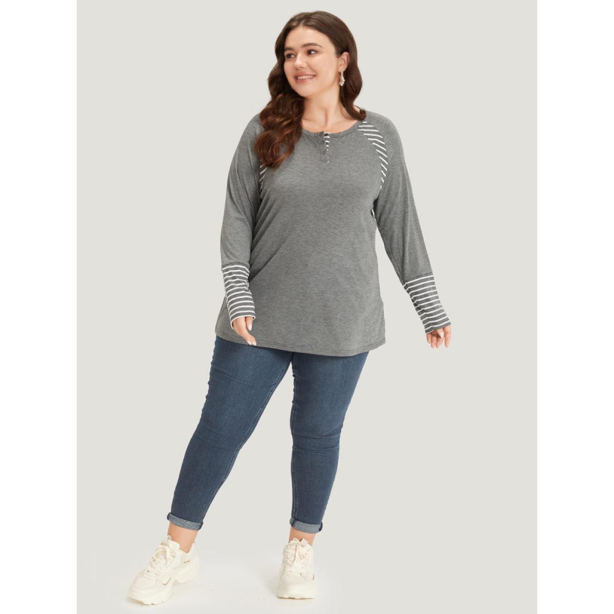 Plus Size Striped Patchwork Button Up Round Neck T-shirt DimGray Women Casual Contrast Striped Round Neck Dailywear T-shirts BloomChic 14-16/1X Product Image