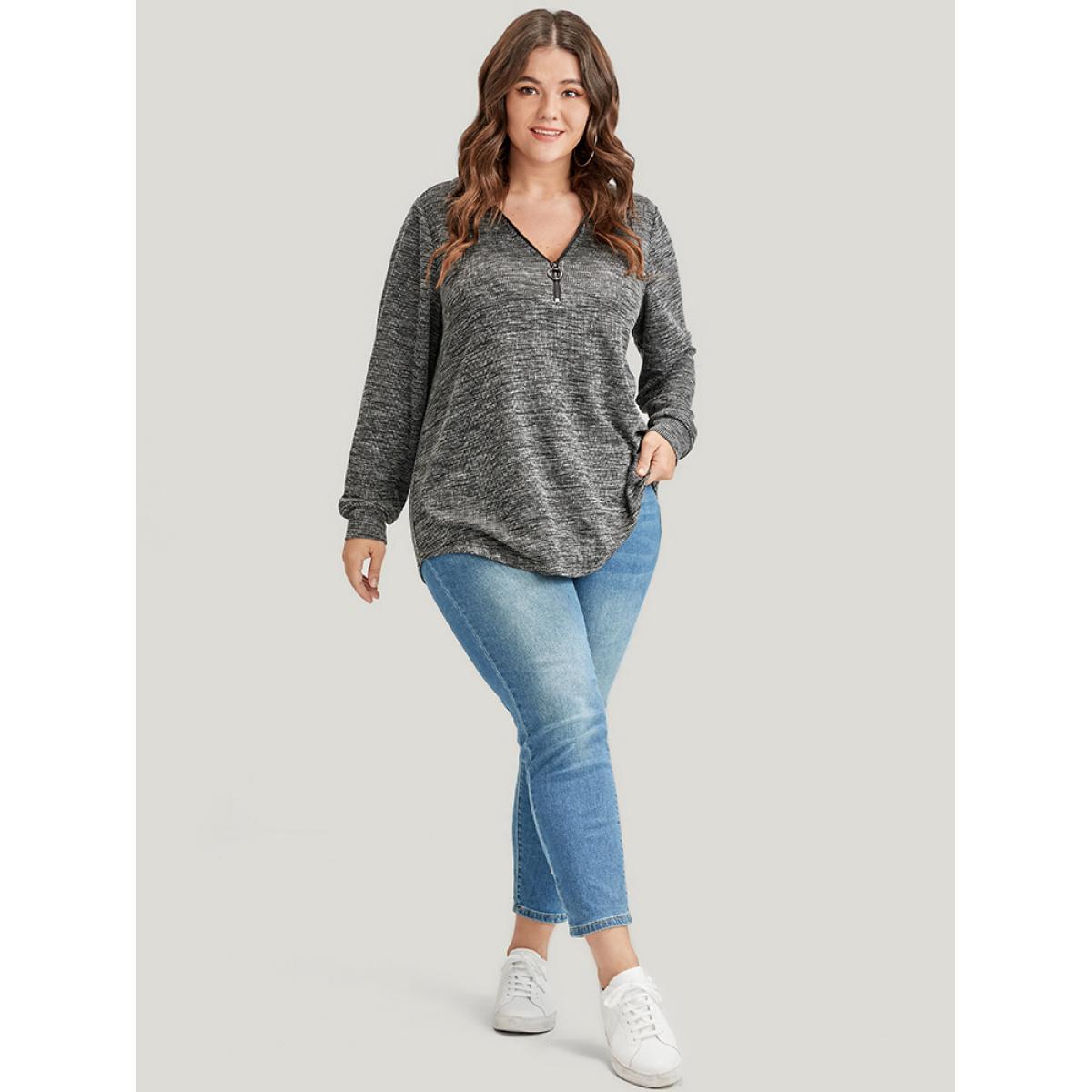 Plus Size Solid O Ring Zip Rib Knit Long Tee DimGray Women Elegant Zipper Plain Lapel Collar Dailywear T-shirts BloomChic 12/L Product Image