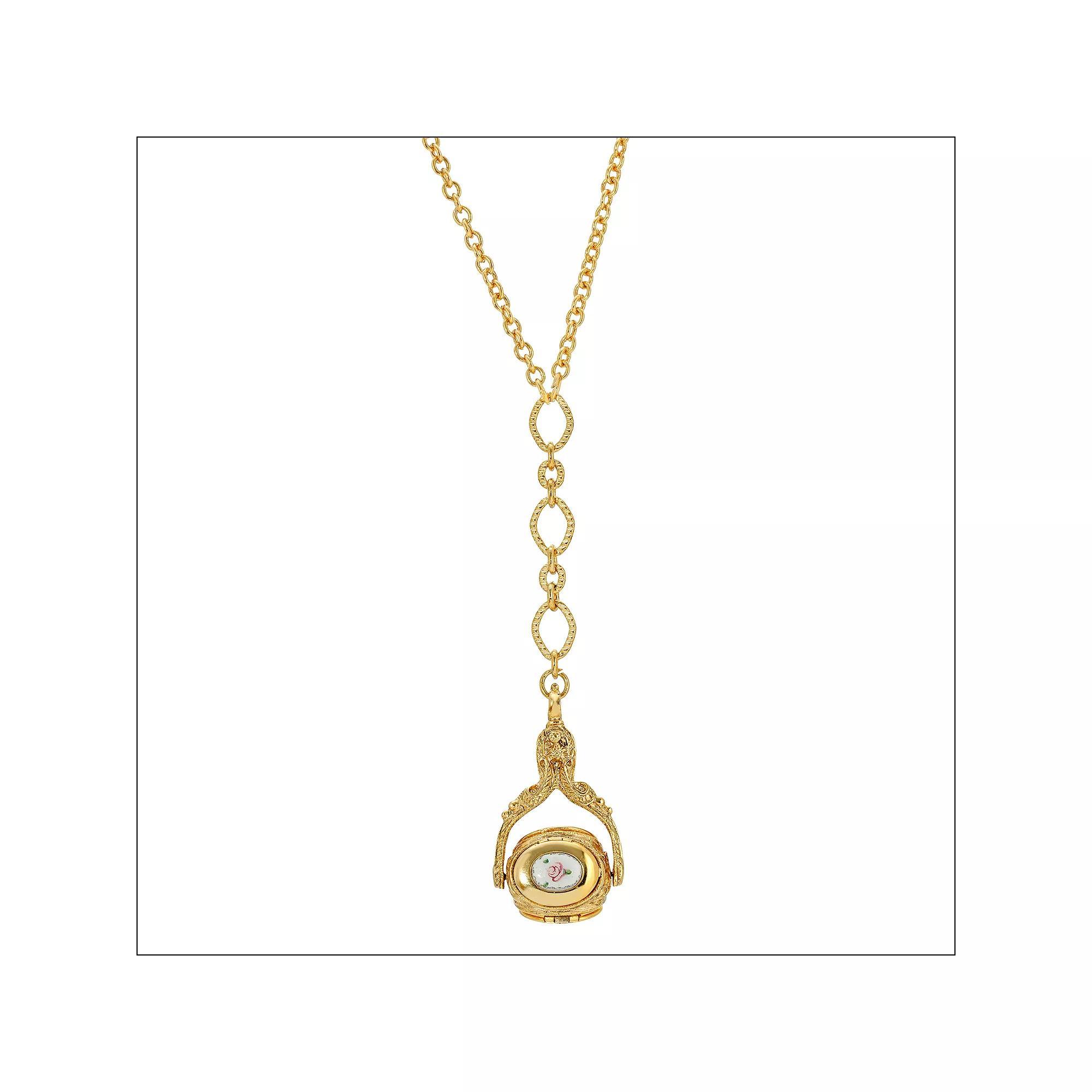 1928 Gold Tone Three-Sided Floral Spinner Locket Drop Necklace, Womens Product Image