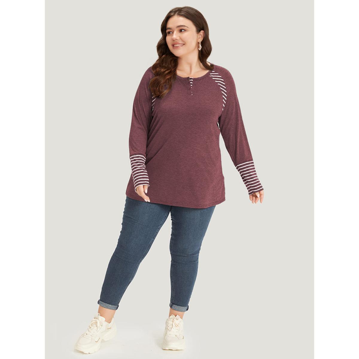 Plus Size Striped Patchwork Button Up Round Neck T-shirt Russet Women Casual Contrast Striped Round Neck Dailywear T-shirts BloomChic 28/5X Product Image