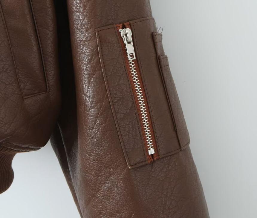 Plain Faux Leather Crop Zip Bomber Jacket Product Image