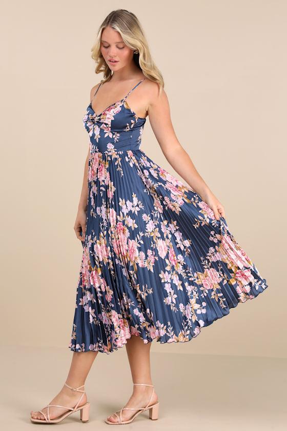 Francette Navy Floral Satin Pleated Midi Dress Product Image