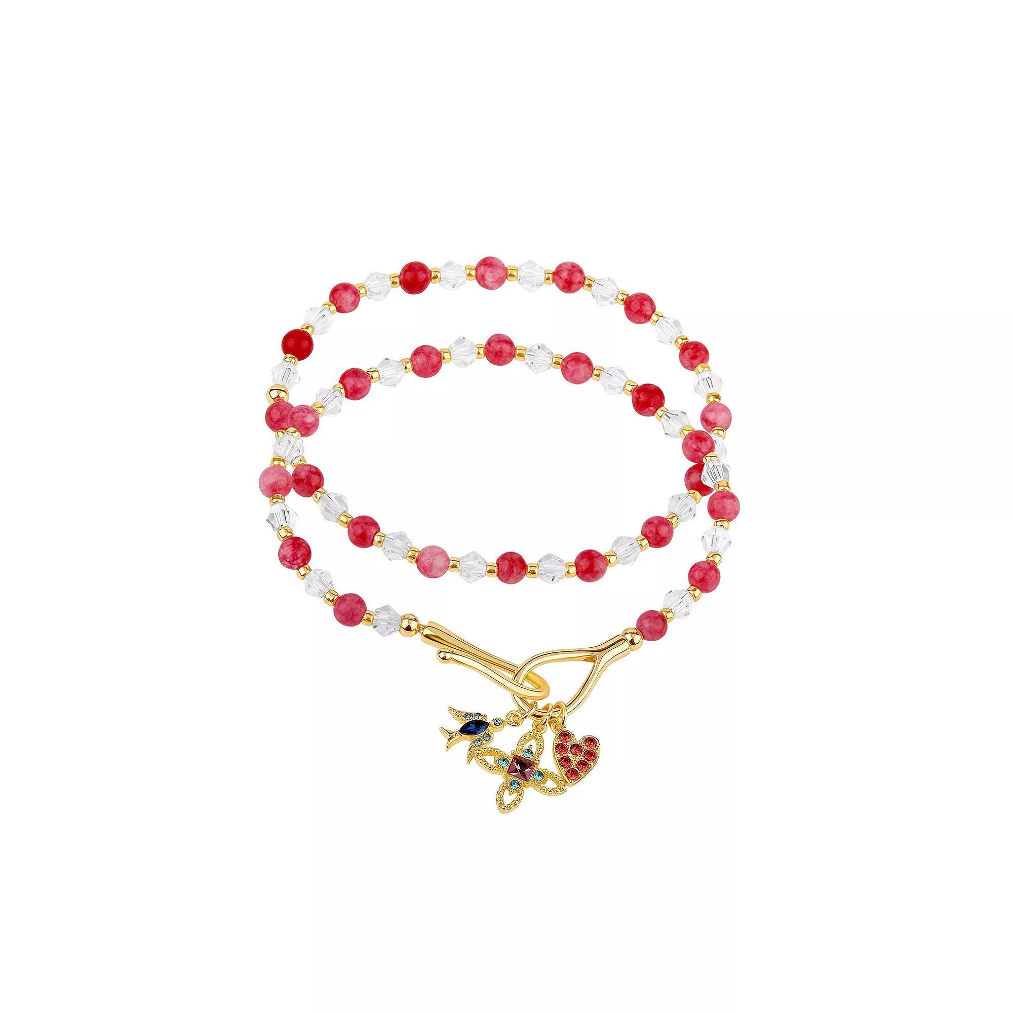 Red & White Beaded Stretch Bracelet Duo Set with Crystal Heart, Flower & Hummingbird Charms, Women's, Size: 8" Product Image