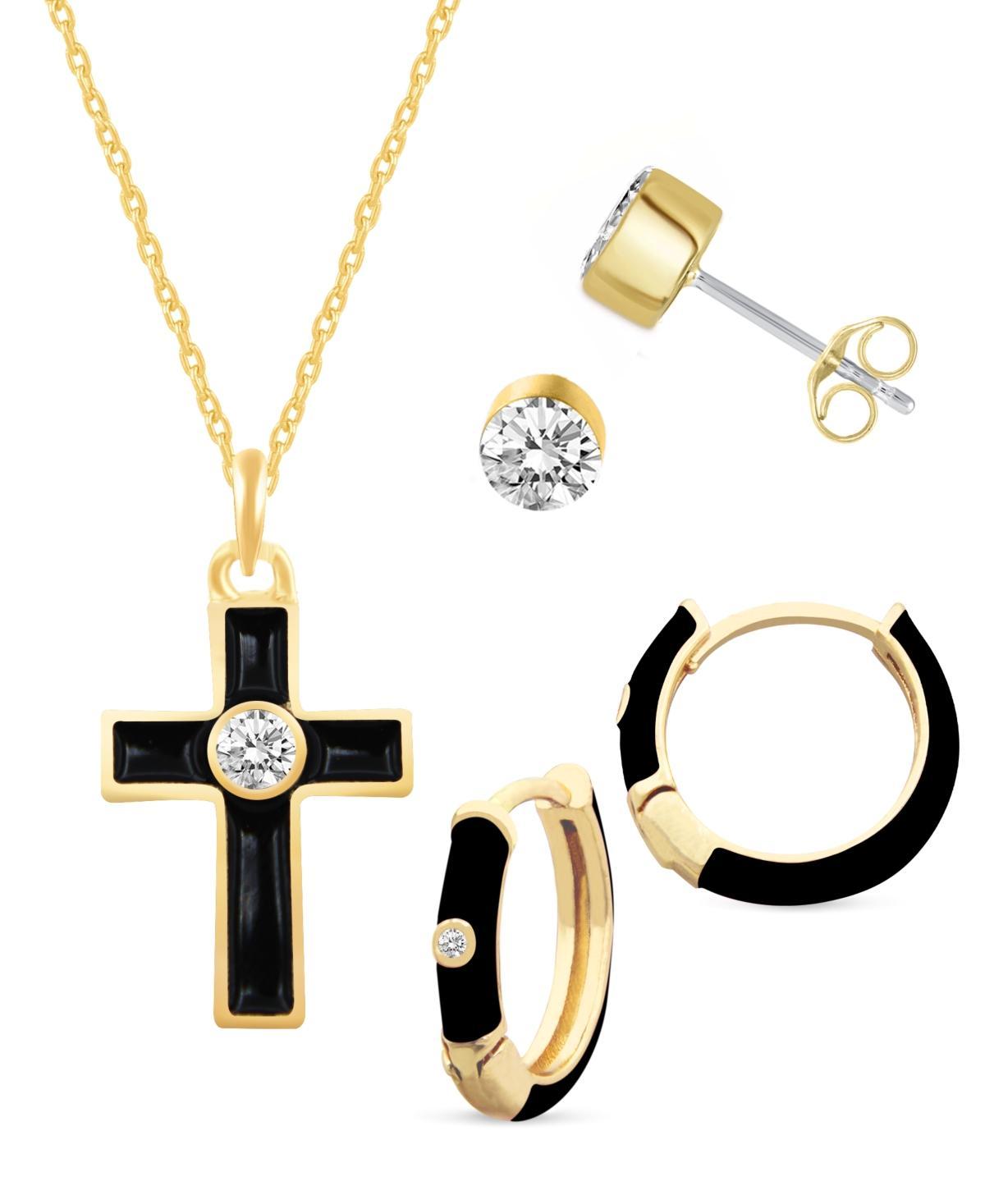 Royal Aura Heart Gold Tone Crystal & Black Enamel Heart Necklace, Huggie Earrings, & Stud Earrings Set, Women's, Size: 17", Gold Tone Black Product Image