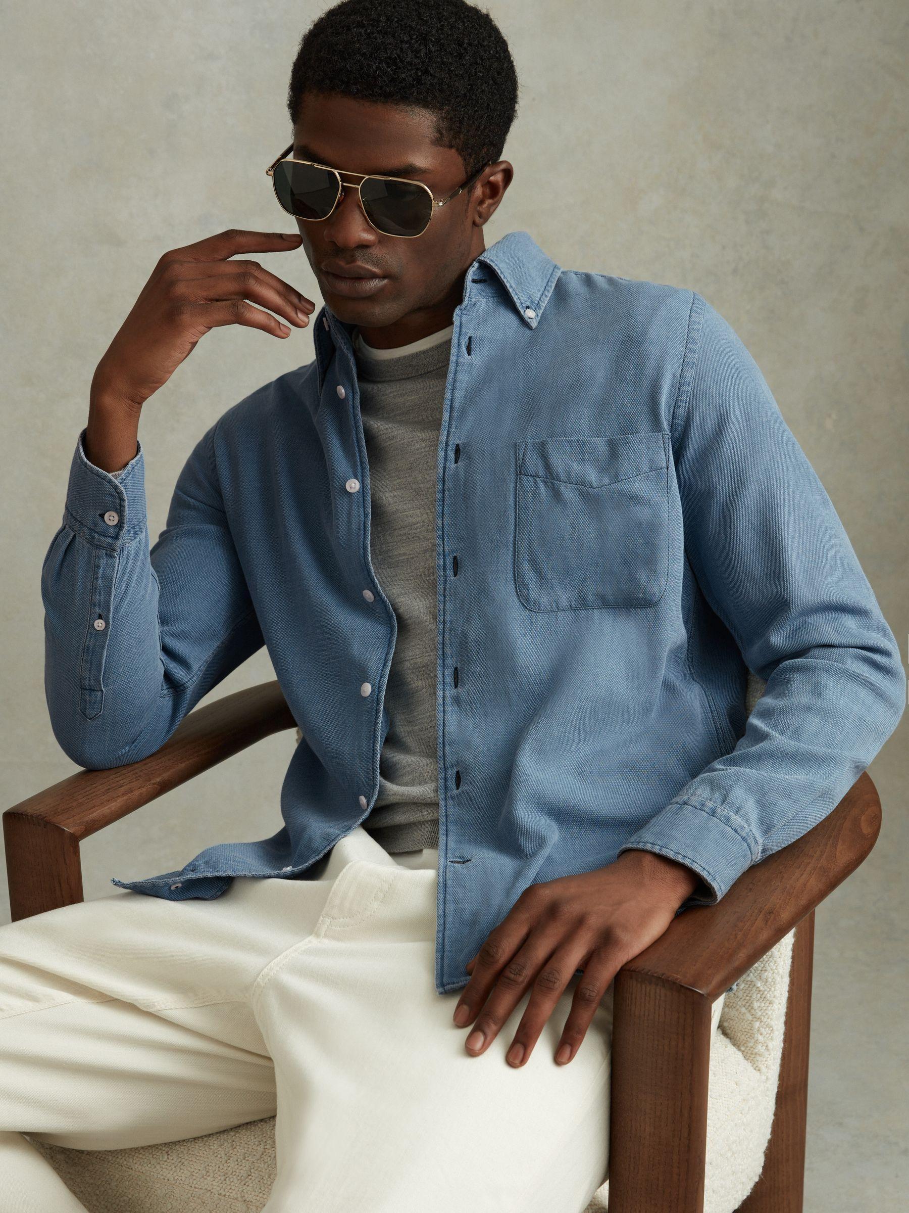 Chambray Pique Button-Through Shirt in Washed Blue Product Image