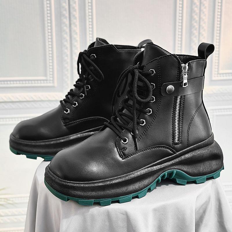 Faux Leather Platform Lace-Up Short Boots Product Image