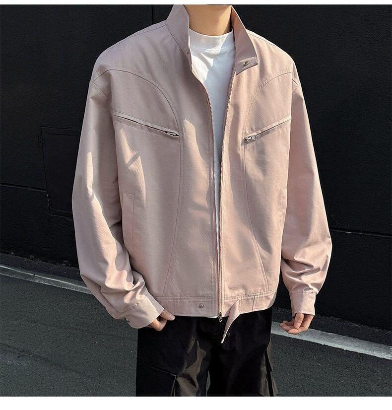 Stand Collar Plain Zip Jacket Product Image