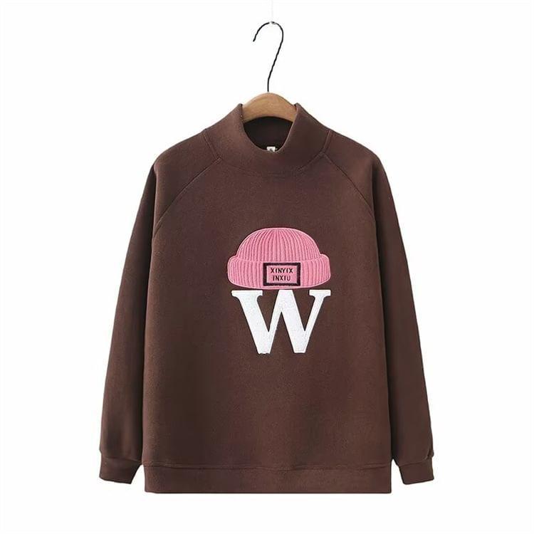 Plus Size Raglan-Sleeve Turtleneck Beanie Applique Sweatshirt Product Image