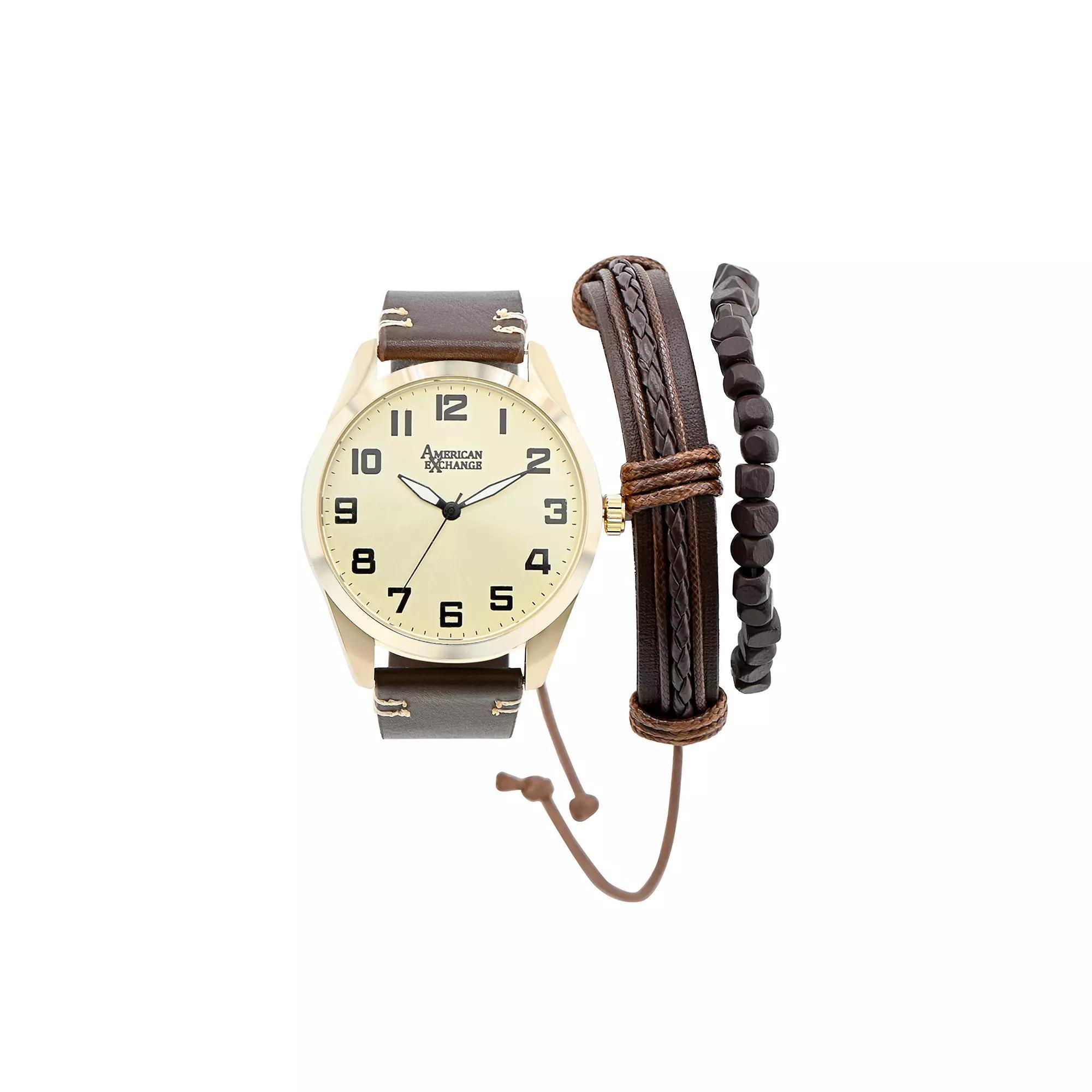 American Exchange Men's Brown Leather Strap Analog Watch, Bracelet & Card Case Set, Size: 46MM, Multi Product Image