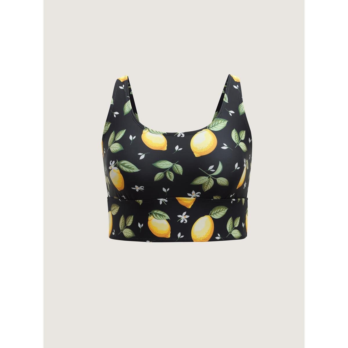 Plus Size Lemon Print Scoop Neck Swim Top Women's Swimwear Black Beach High stretch Skinny U-neck Curve Swim Tops BloomChic 14-16/1X Product Image